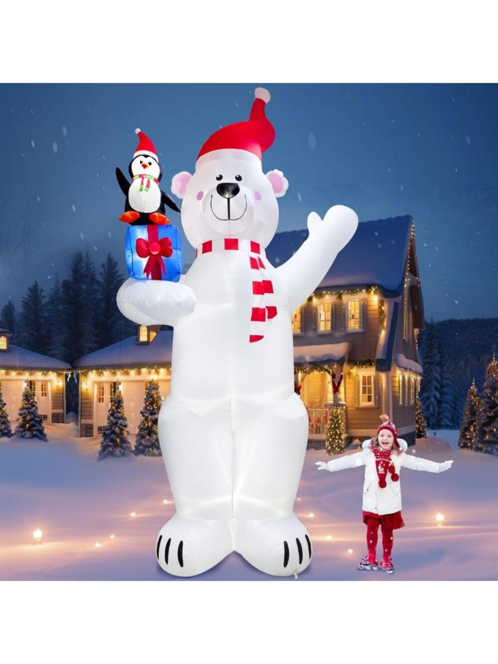 Giant 12.2FT Christmas Inflatable Polar Bear & Penguin with Gift Box - LED